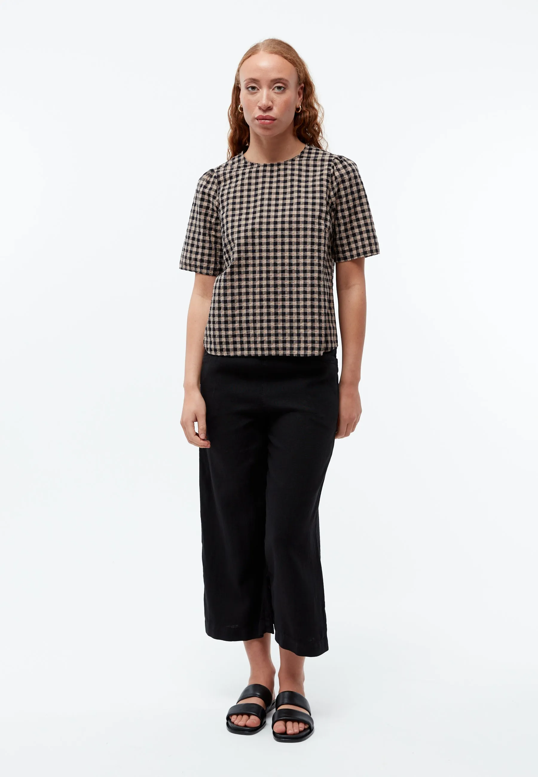 Check blouse GBGRETEL in organic cotton seersucker - Light Taupe / Black (Structure) Givn Berlin