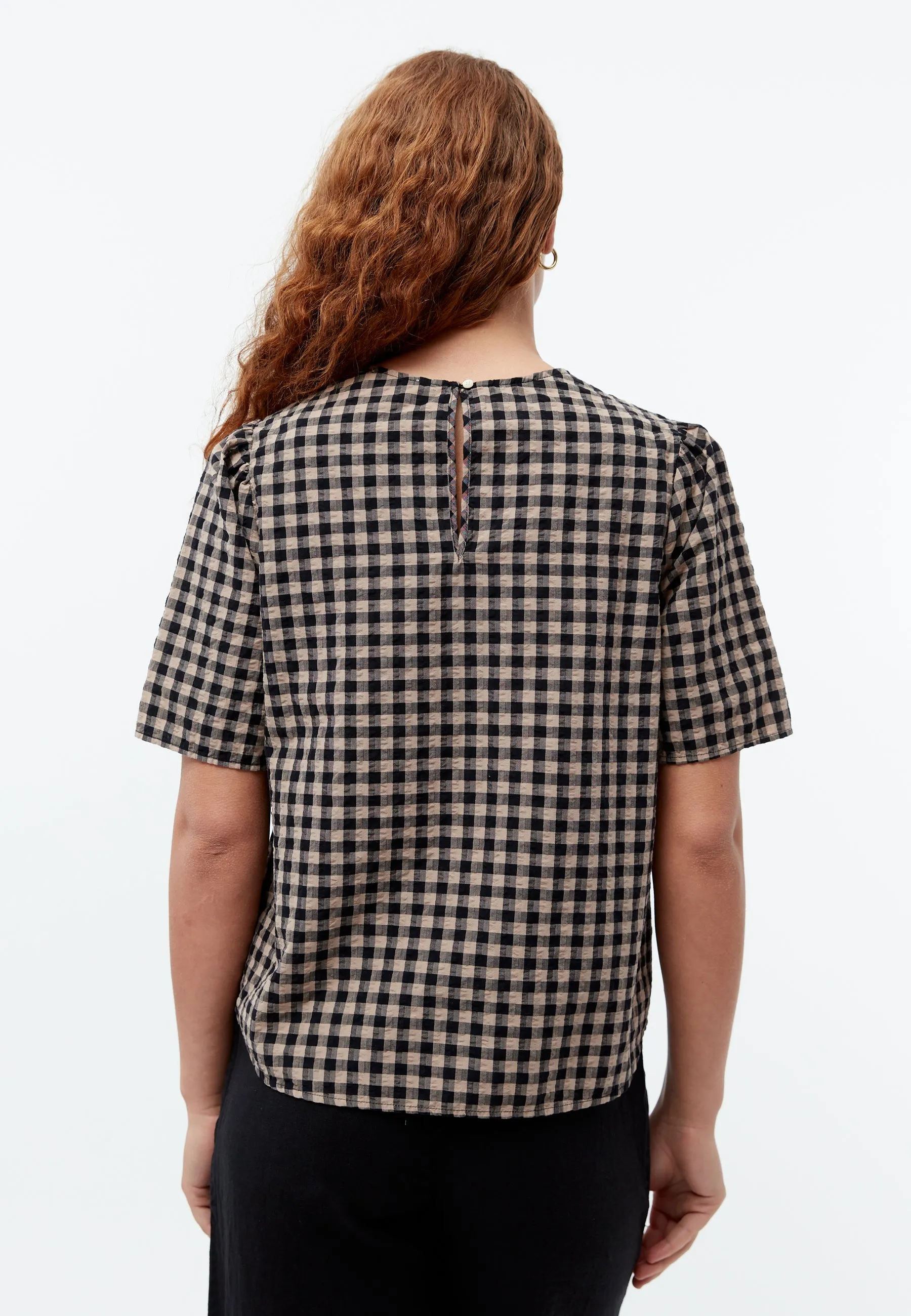Check blouse GBGRETEL in organic cotton seersucker - Light Taupe / Black (Structure) Givn Berlin