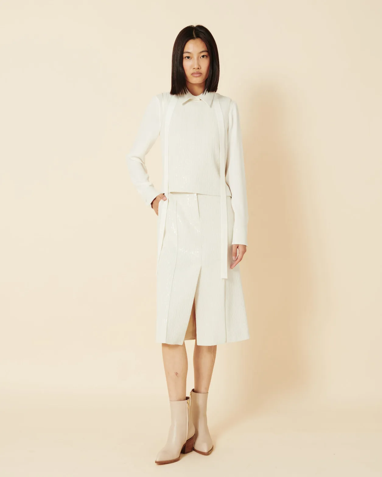 Cotton Blouse with Sequins Collar and Cuffs Akris