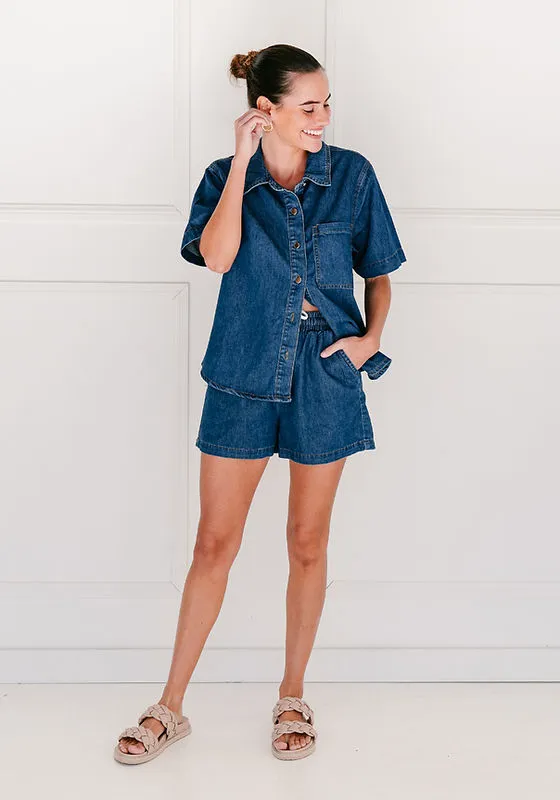 Country Denim Jane Drawstring Shorts - Mid Blue