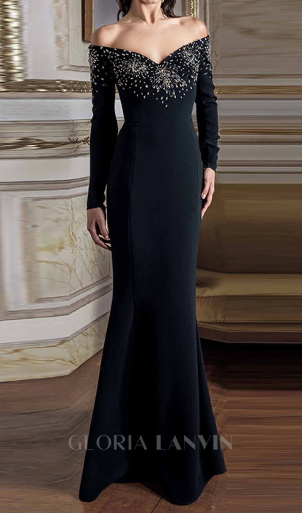 crystal embellished off-shoulder gown in black Gloria Lanvin