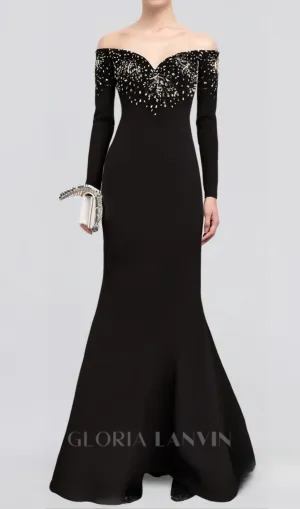 crystal embellished off-shoulder gown in black Gloria Lanvin