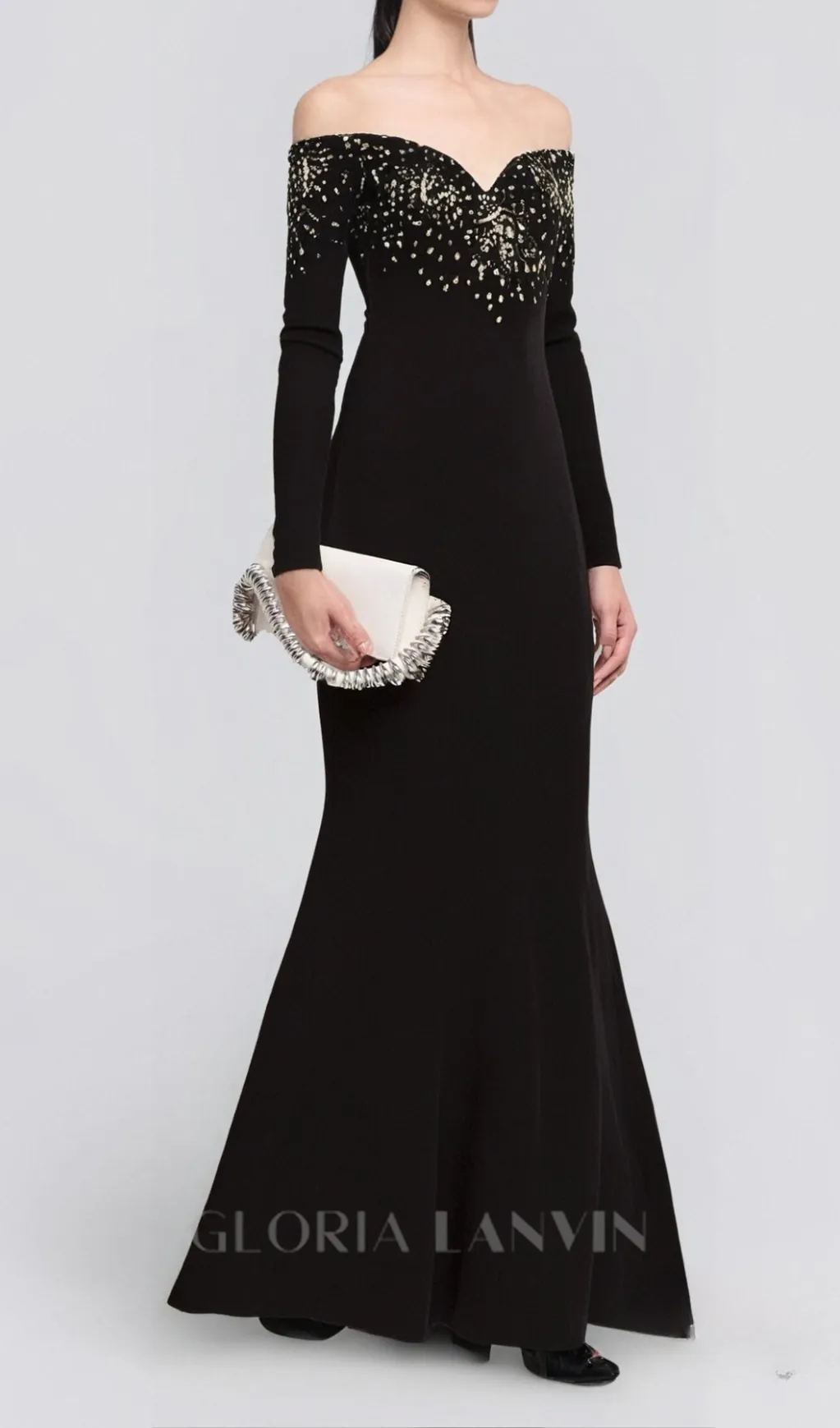 crystal embellished off-shoulder gown in black Gloria Lanvin