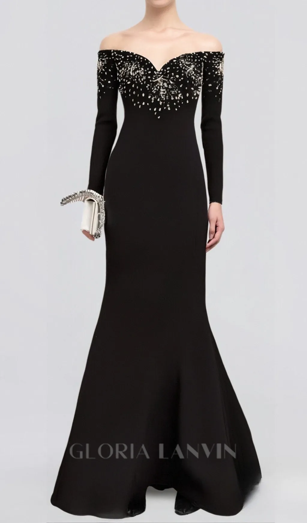 crystal embellished off-shoulder gown in black Gloria Lanvin