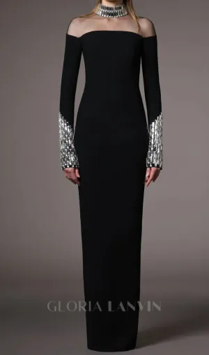 crystal embellishments Black crpe maxi dress Gloria Lanvin