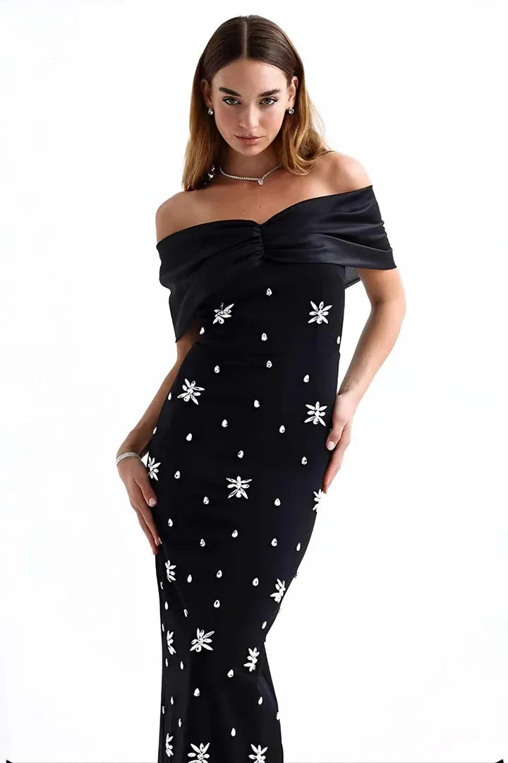 draped bardot crystal detail maxi dress in black Gloria Lanvin