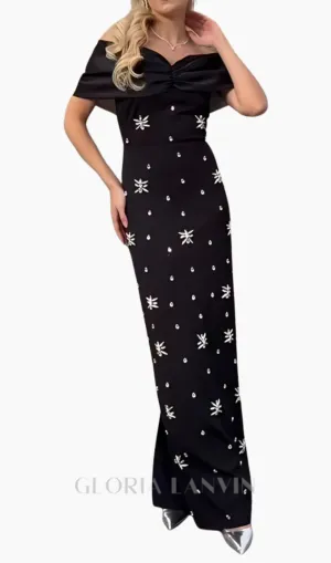 draped bardot crystal detail maxi dress in black Gloria Lanvin