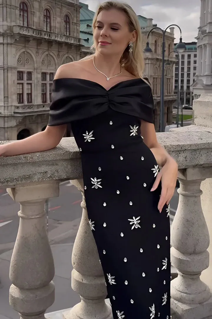 draped bardot crystal detail maxi dress in black Gloria Lanvin