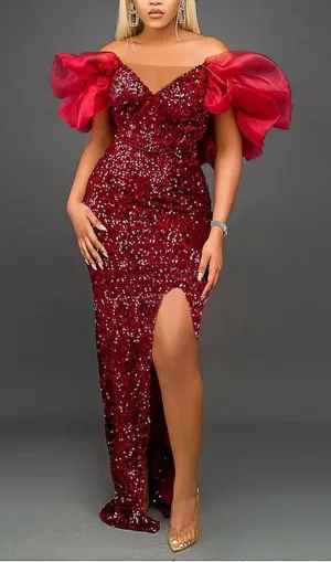 EXAGGERATED SLEEVES SLIM SEQUIN MAXI DRESS IN RED Gloria Lanvin