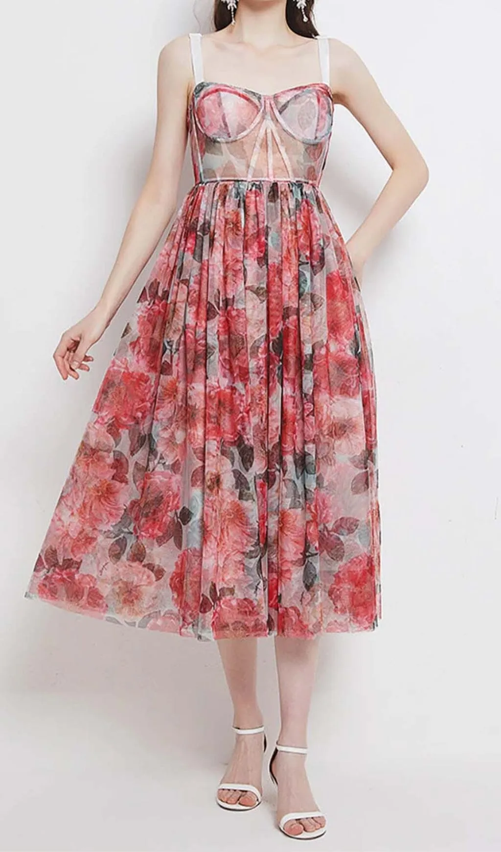 FLORAL-PRINT CORSET MIDI DRESS IN PINK Gloria Lanvin