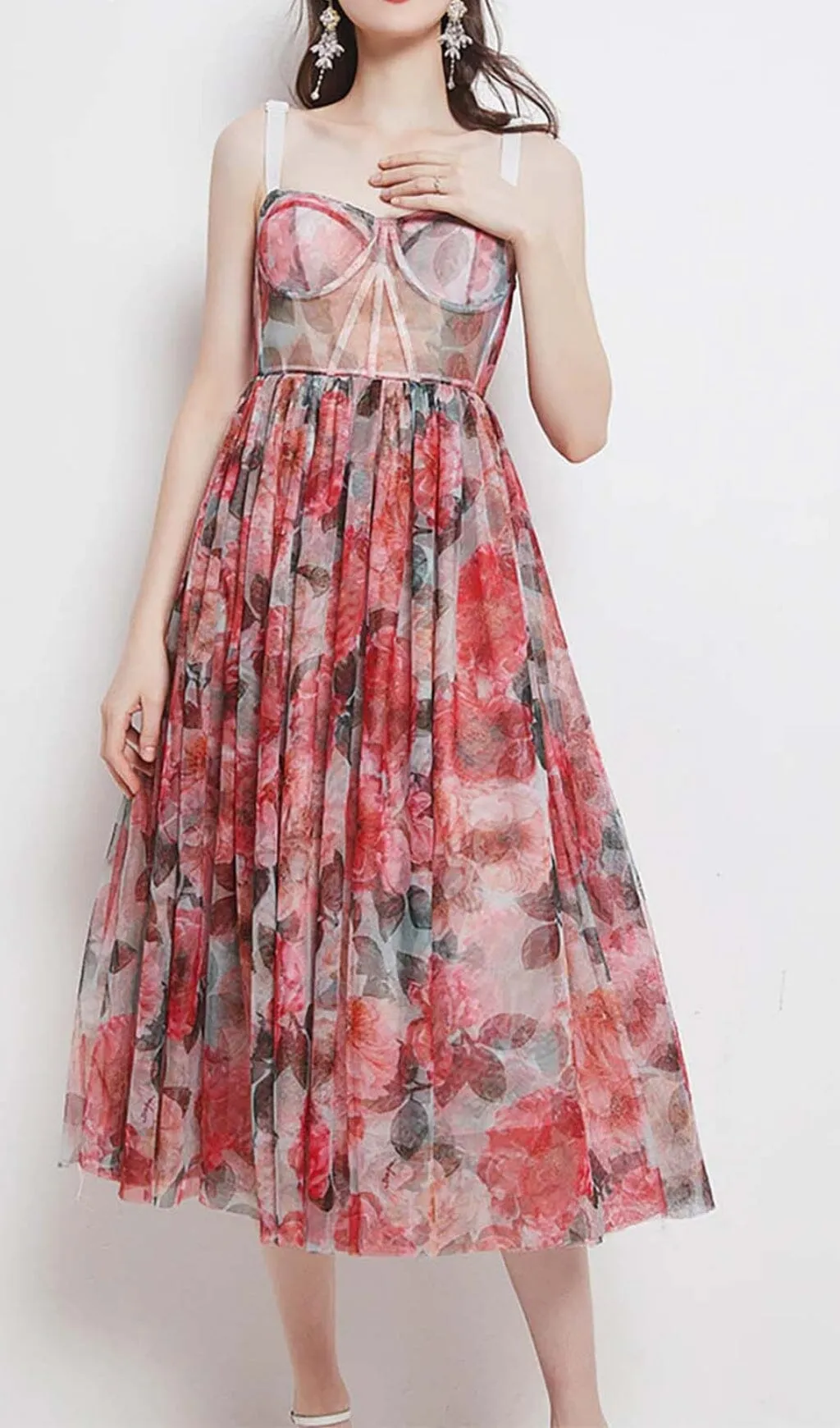 FLORAL-PRINT CORSET MIDI DRESS IN PINK Gloria Lanvin