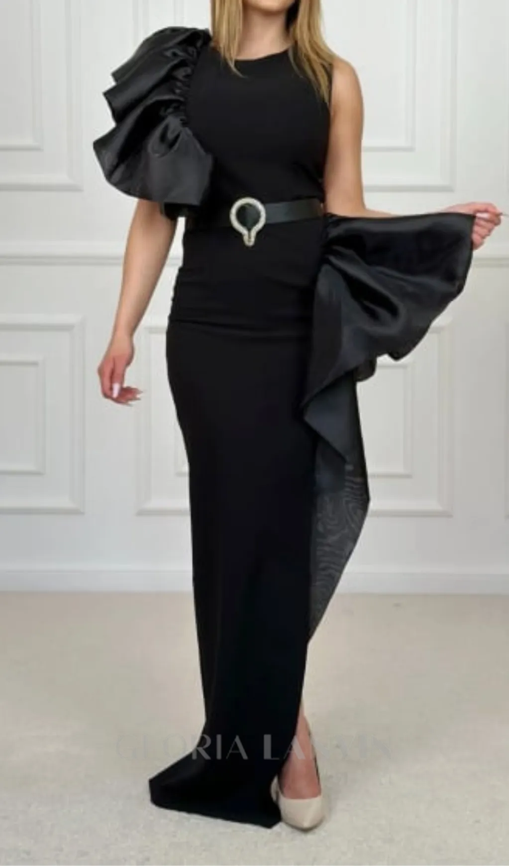 JANICE TRUMPET EMBELLISHED MAXI DRESS IN BLACK Gloria Lanvin