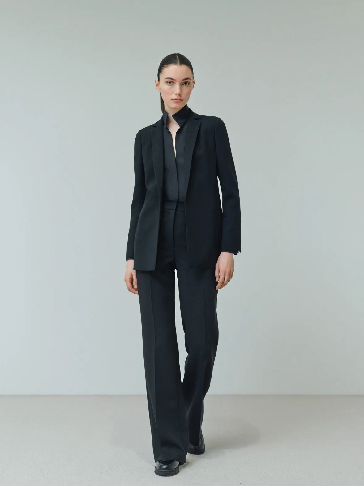 Long Sleeve Silk Blouse with Stand-up Collar Akris