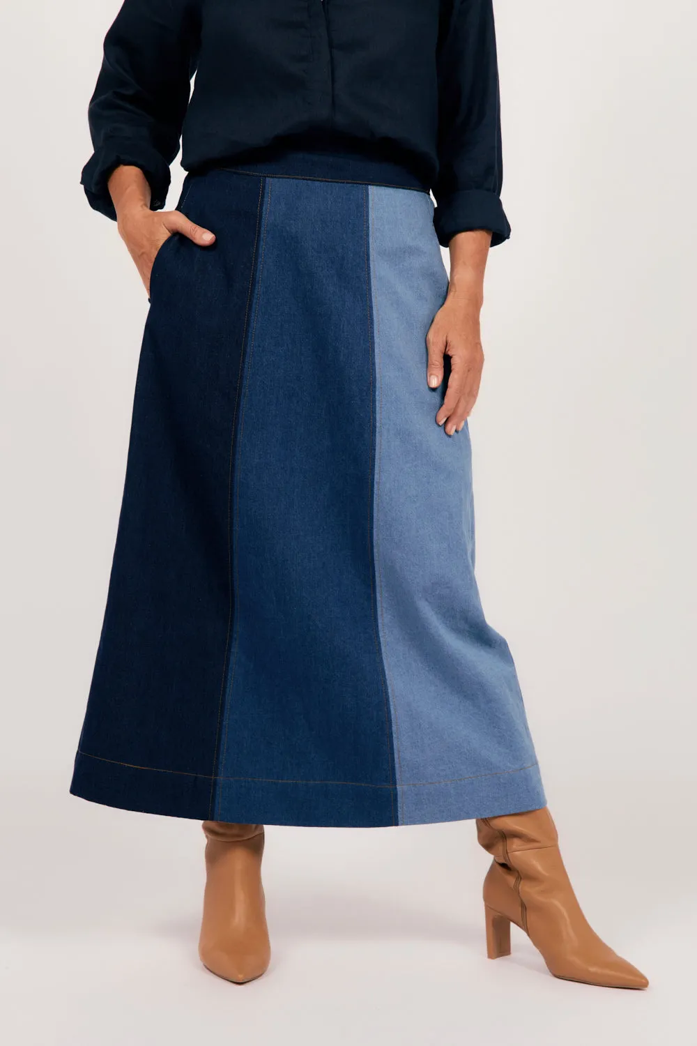 Maddy Denim Maxi Skirt in Patchwork Adrift