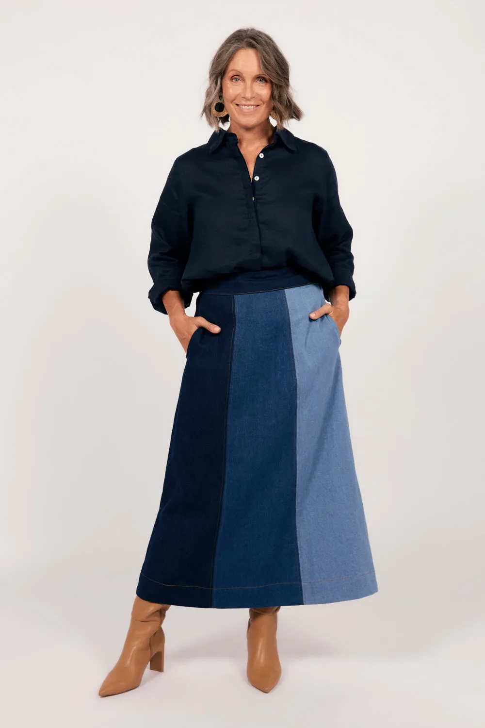 Maddy Denim Maxi Skirt in Patchwork Adrift