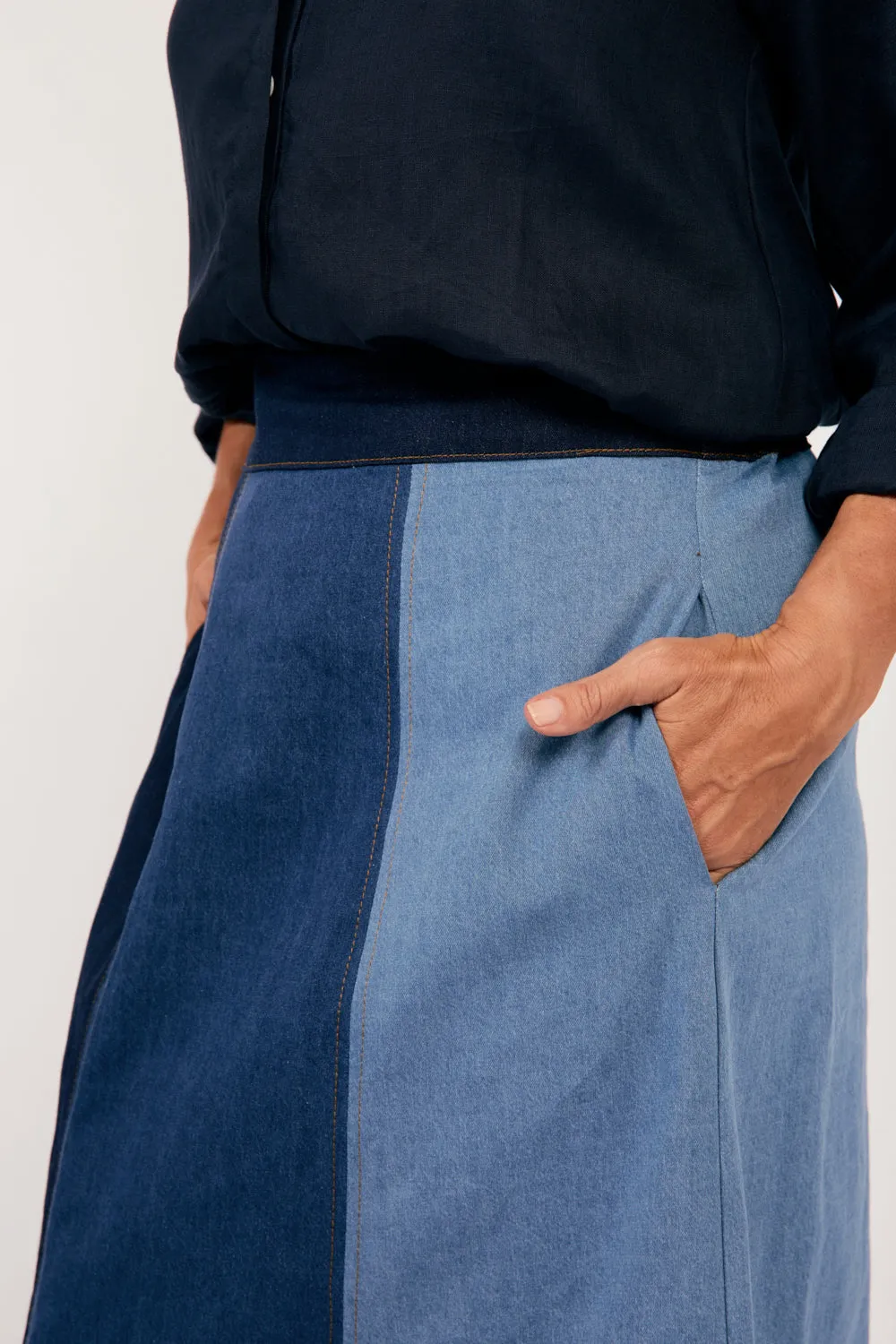 Maddy Denim Maxi Skirt in Patchwork Adrift