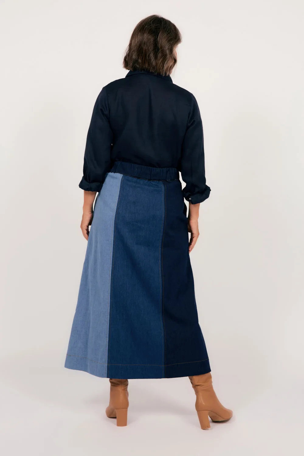 Maddy Denim Maxi Skirt in Patchwork Adrift
