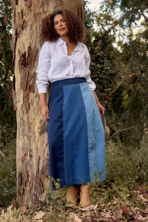 Maddy Denim Maxi Skirt in Patchwork Adrift