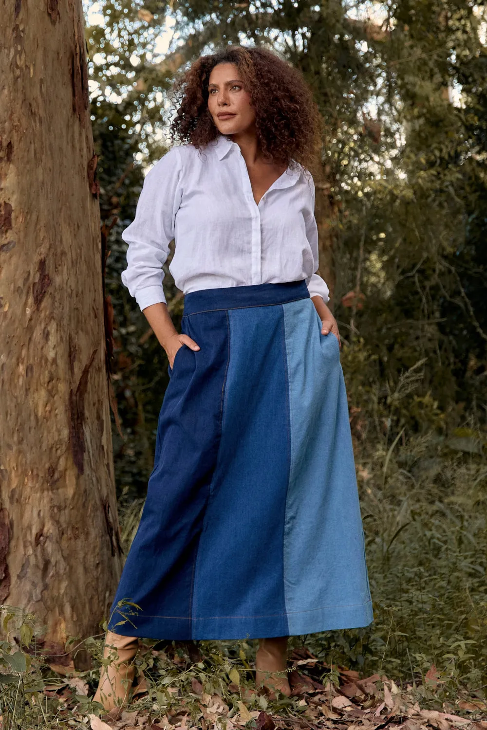 Maddy Denim Maxi Skirt in Patchwork Adrift