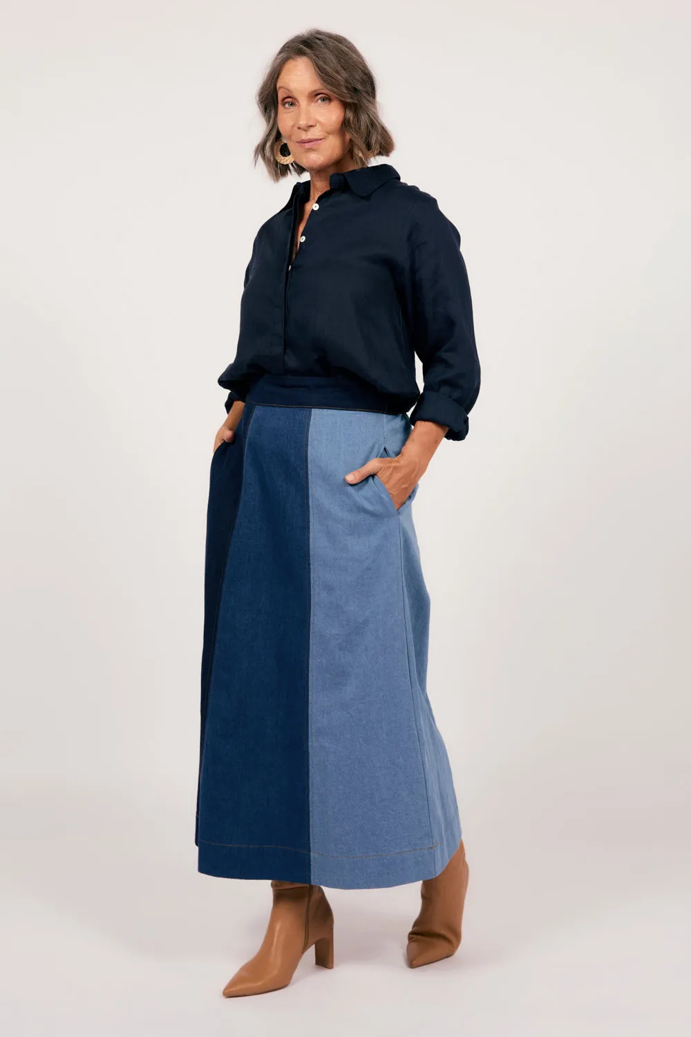 Maddy Denim Maxi Skirt in Patchwork Adrift
