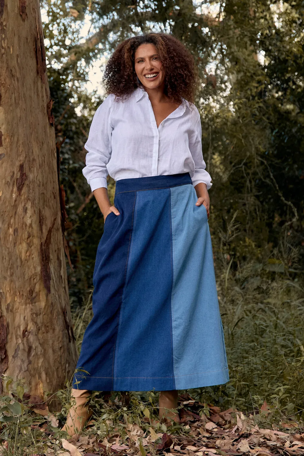 Maddy Denim Maxi Skirt in Patchwork Adrift