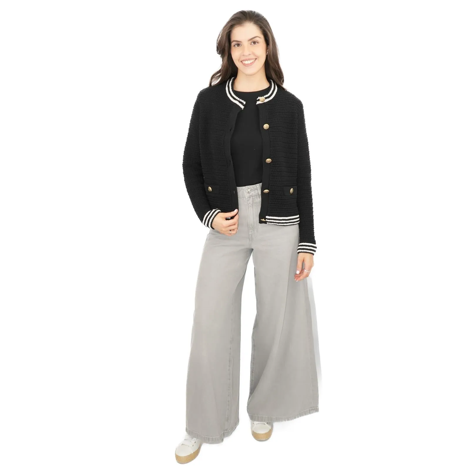 M&S Black Gold Button Cardigan Classic Textured Crew Neck