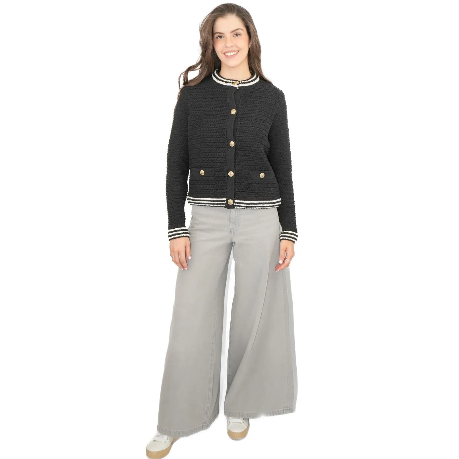 M&S Black Gold Button Cardigan Classic Textured Crew Neck