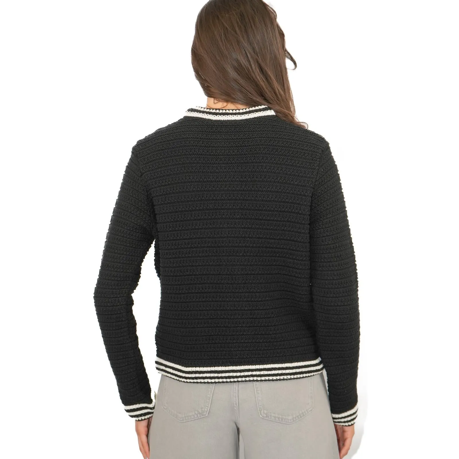 M&S Black Gold Button Cardigan Classic Textured Crew Neck
