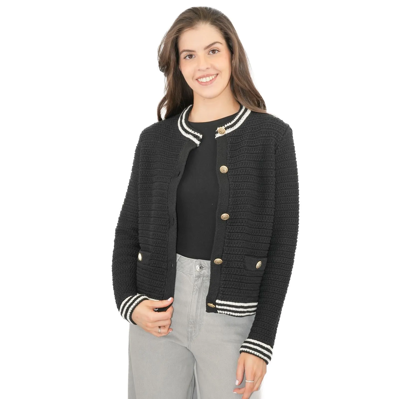 M&S Black Gold Button Cardigan Classic Textured Crew Neck