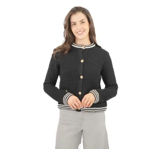M&S Black Gold Button Cardigan Classic Textured Crew Neck