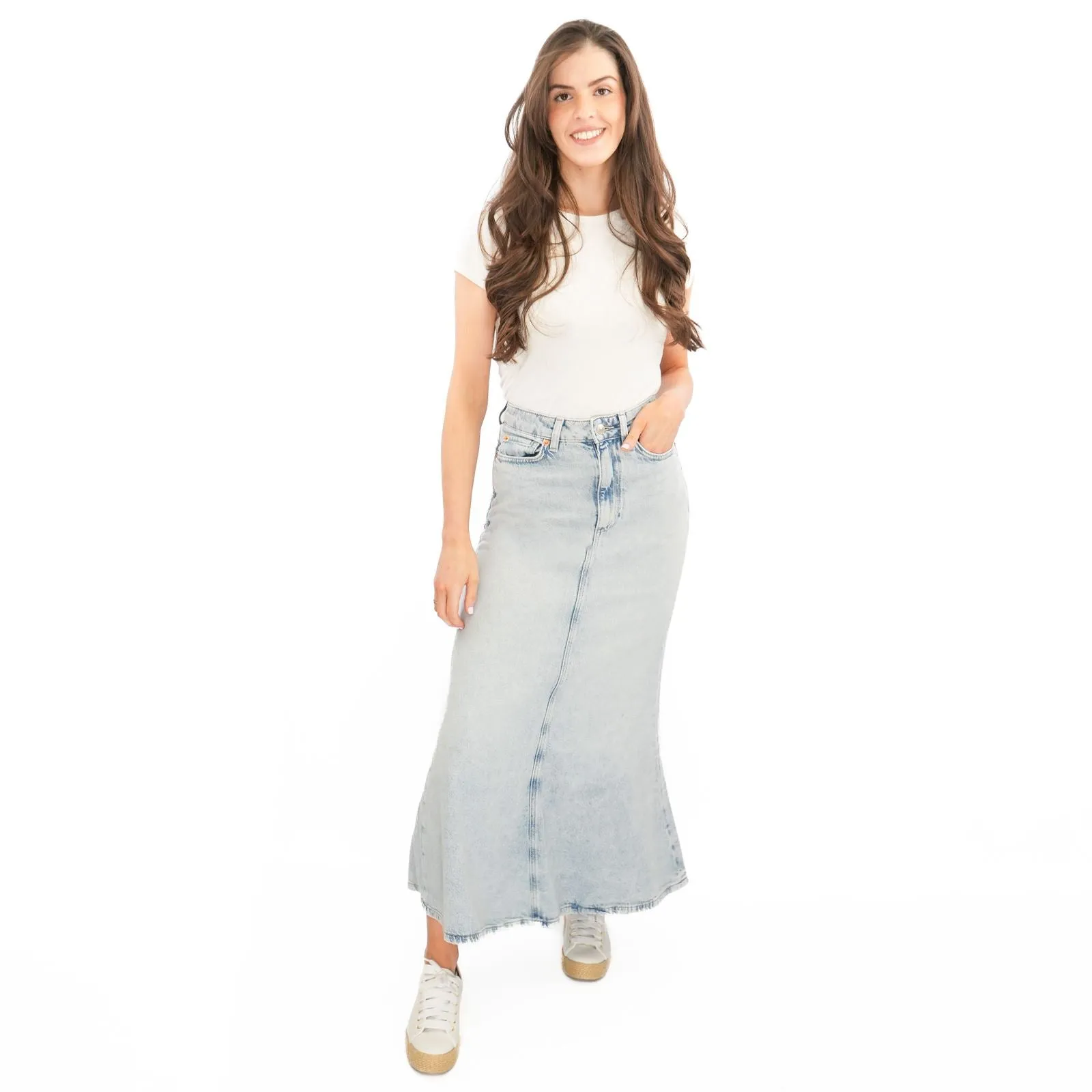 M&S Denim Maxi Skirt A-Line Cotton Lyocell