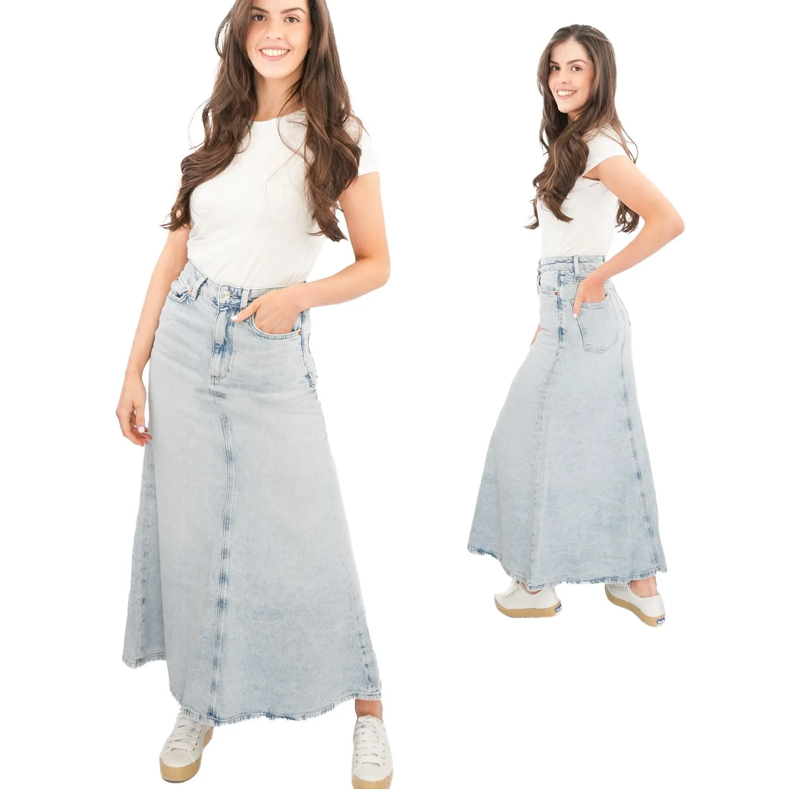 M&S Denim Maxi Skirt A-Line Cotton Lyocell