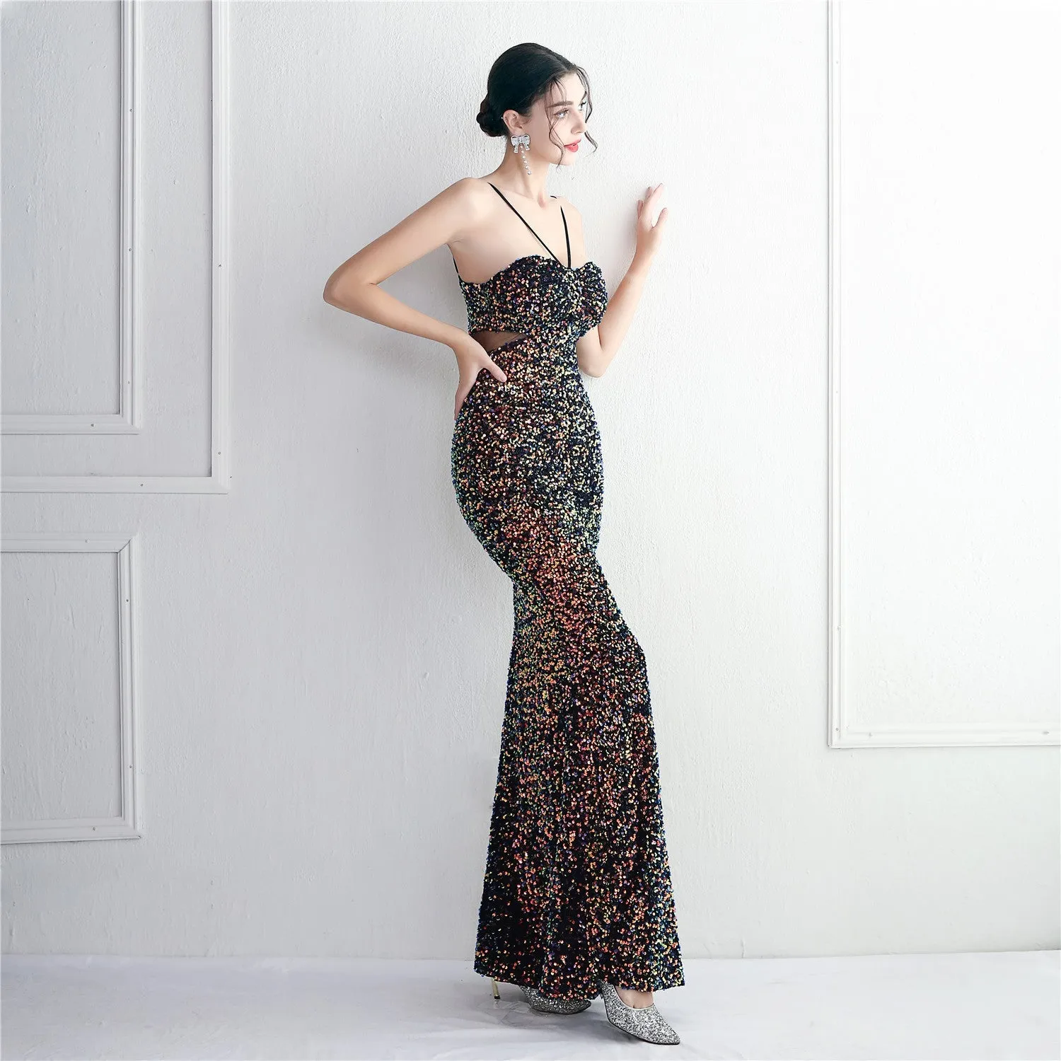 MARIAN CHARCOAL CUTOUT SEQUINS HALTER MAXI DRESS Gloria Lanvin