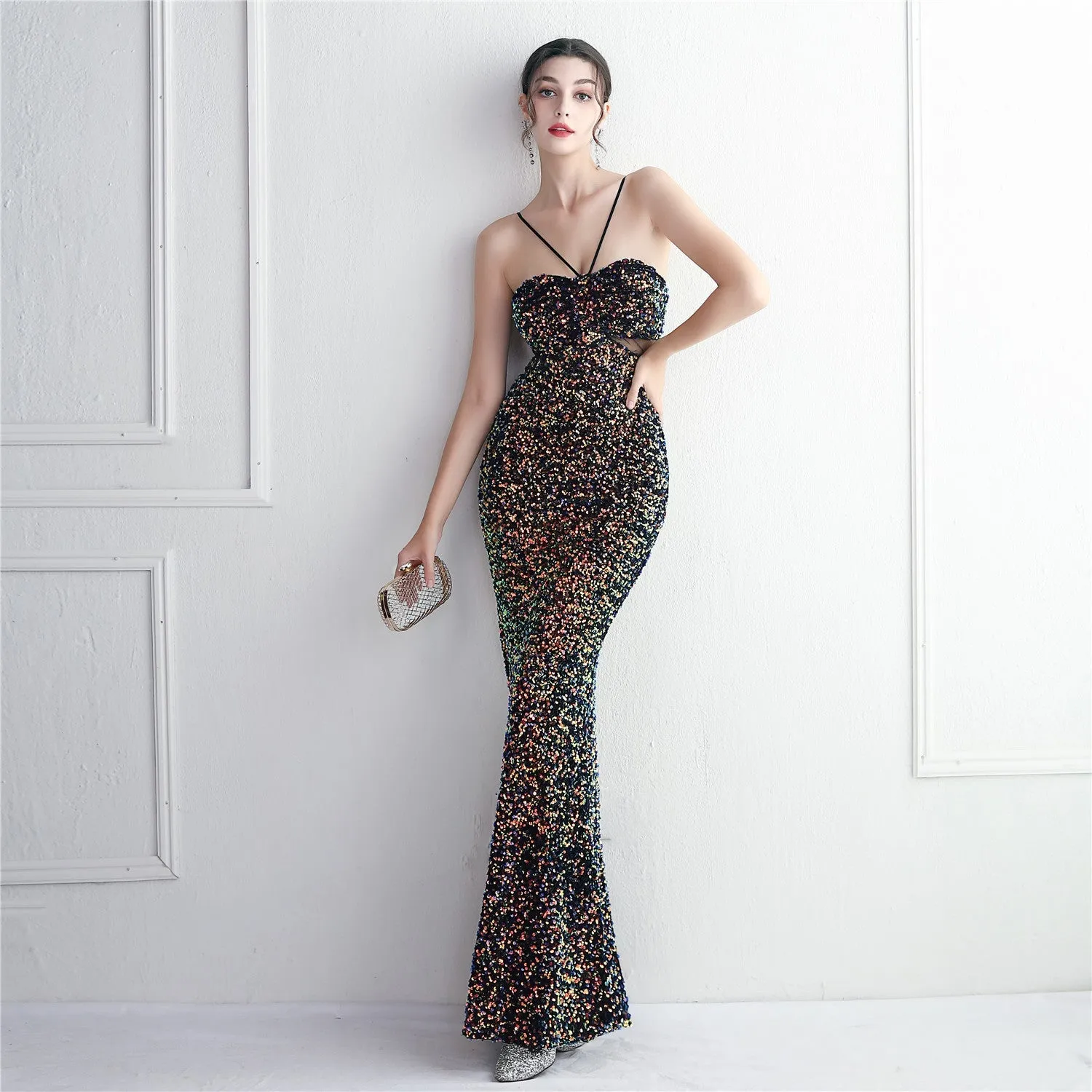MARIAN CHARCOAL CUTOUT SEQUINS HALTER MAXI DRESS Gloria Lanvin
