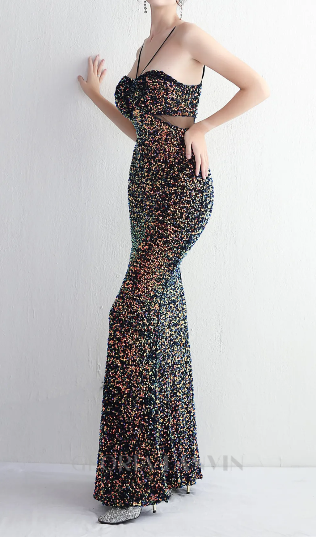 MARIAN CHARCOAL CUTOUT SEQUINS HALTER MAXI DRESS Gloria Lanvin