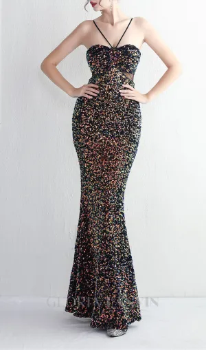 MARIAN CHARCOAL CUTOUT SEQUINS HALTER MAXI DRESS Gloria Lanvin