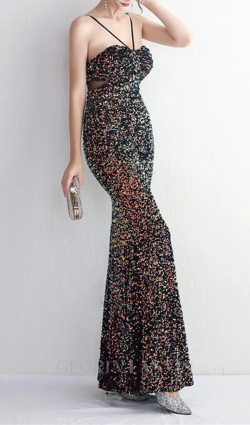 MARIAN CHARCOAL CUTOUT SEQUINS HALTER MAXI DRESS Gloria Lanvin