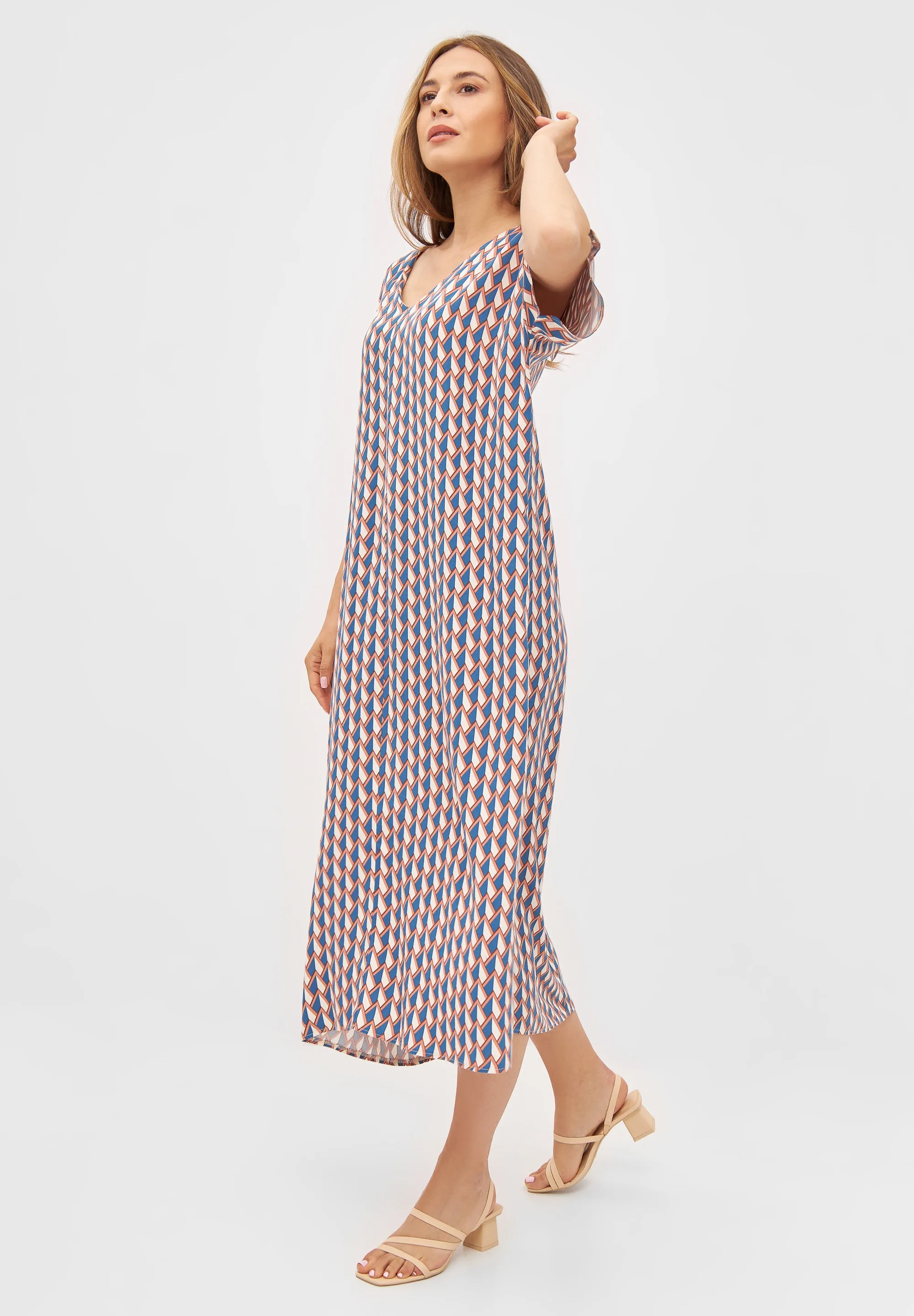 Maxi dress ONA from LENZING™ ECOVERO™ - Terracotta / Blue (Geometric) Givn Berlin