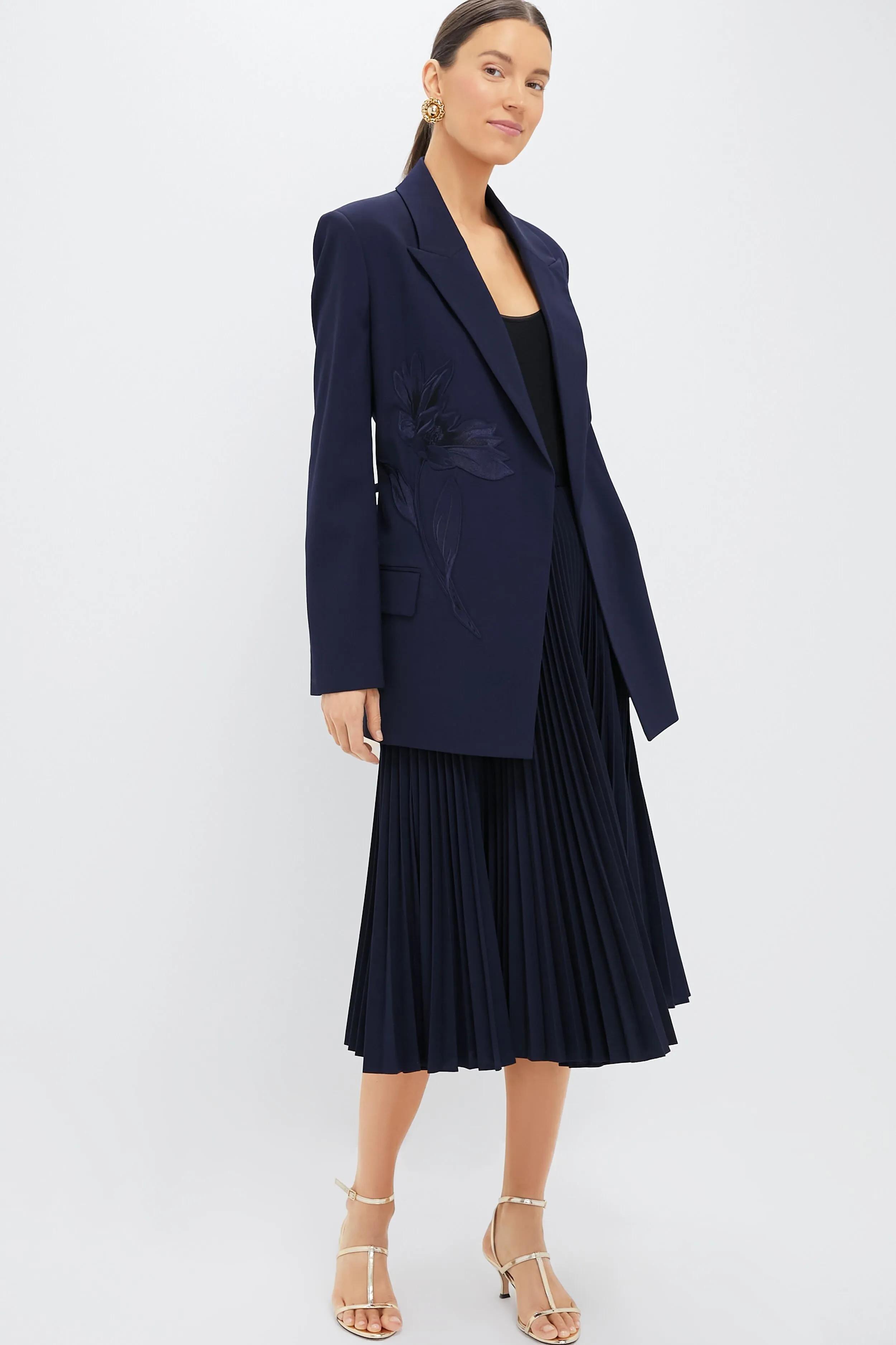 Navy Pleated Midi Skirt