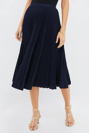 Navy Pleated Midi Skirt