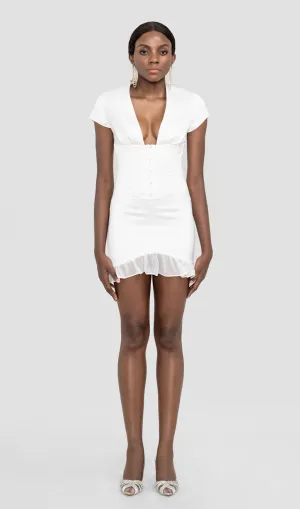 NERO WHITE SATIN BODYCON V NECK MINI DRESS Gloria Lanvin
