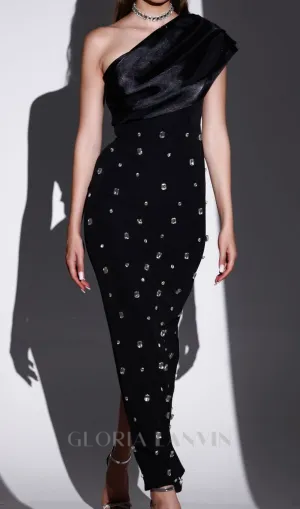 one-shoulder crystal-embellished Bandage maxi dress in black Gloria Lanvin