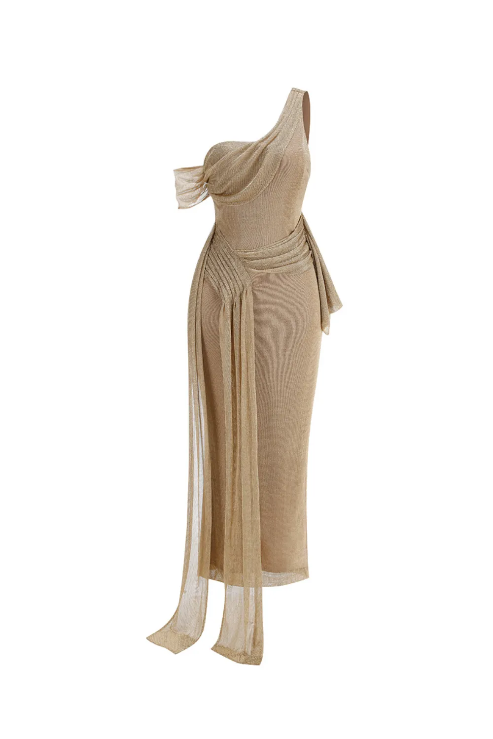 one-shoulder draped bodycon maxi dress in khaki Gloria Lanvin