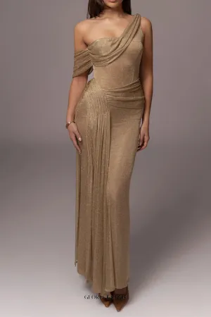 one-shoulder draped bodycon maxi dress in khaki Gloria Lanvin