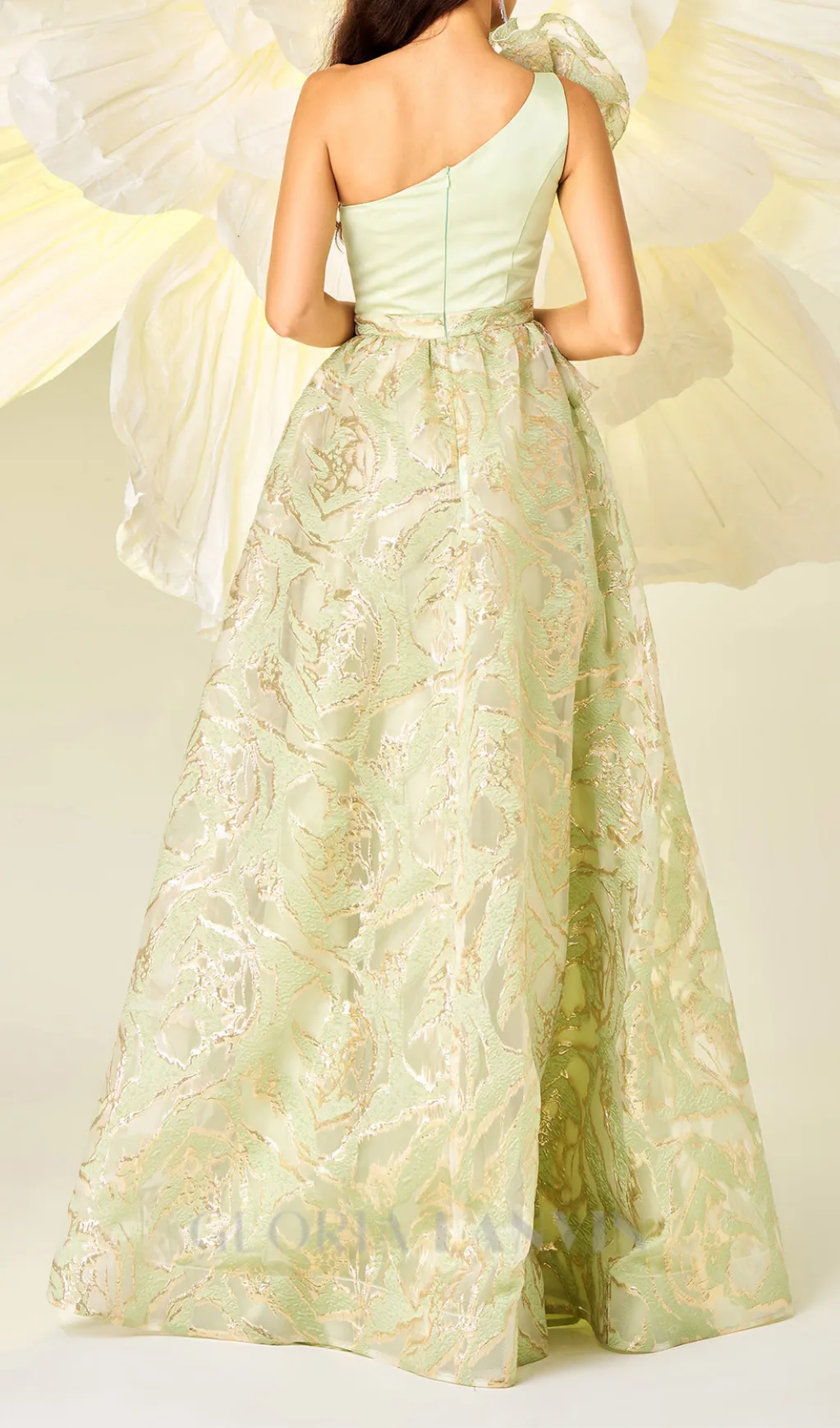 One Shoulder Gilded Floral Split Dress in green Gloria Lanvin