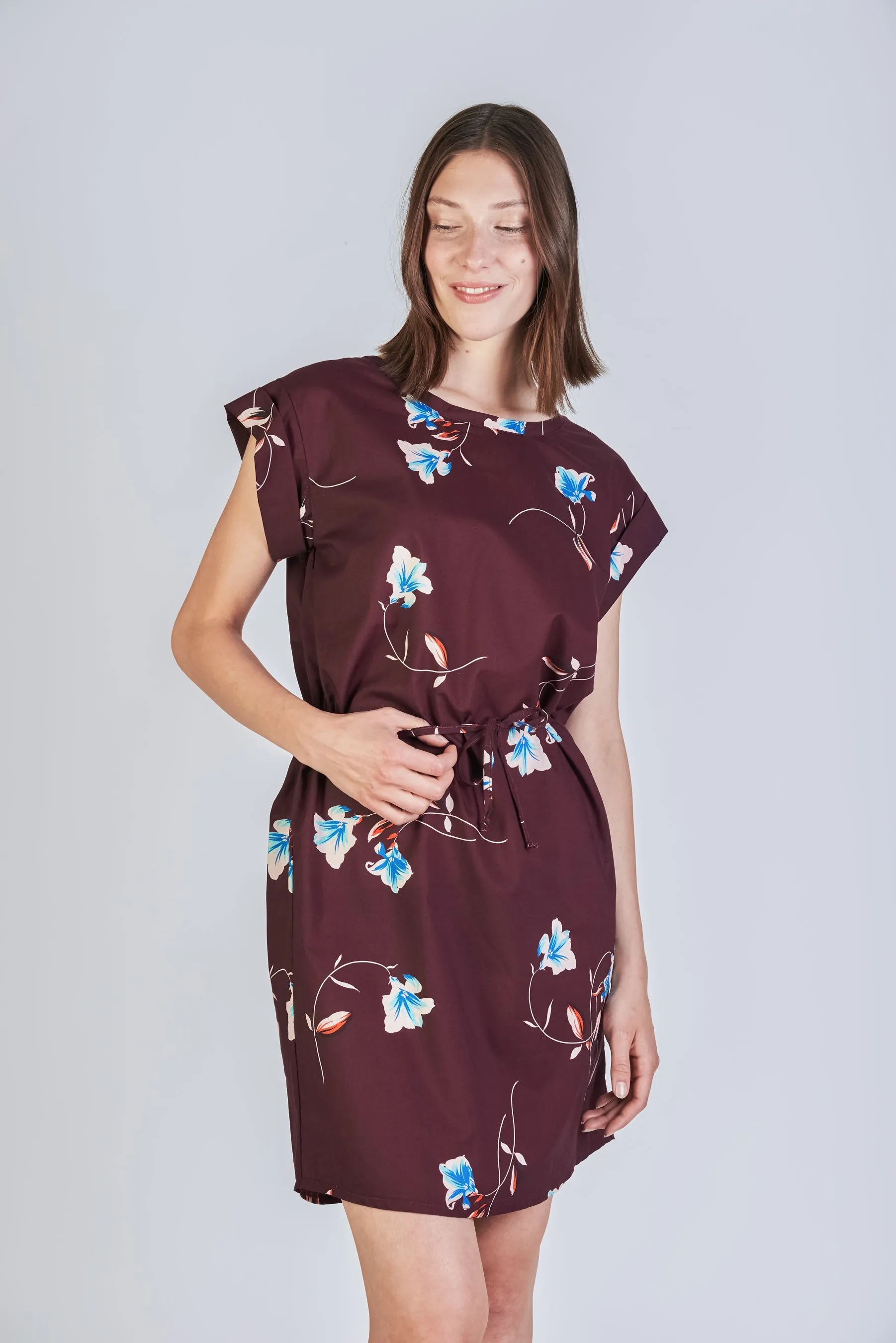 Organic Cotton T-Shirt Dress NARA - Burgundy (Flowers) Givn Berlin
