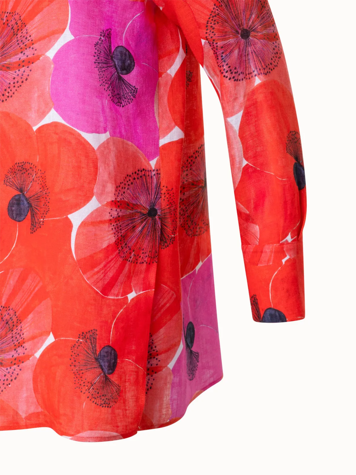 Oversize Linen Tunic Blouse with Poppy Print Akris