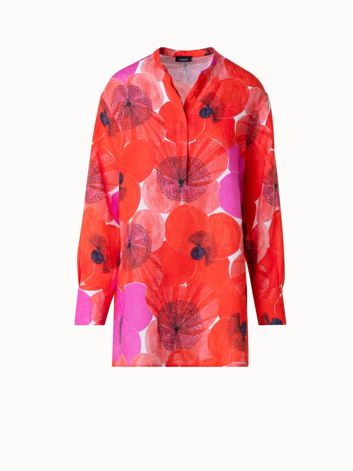 Oversize Linen Tunic Blouse with Poppy Print Akris