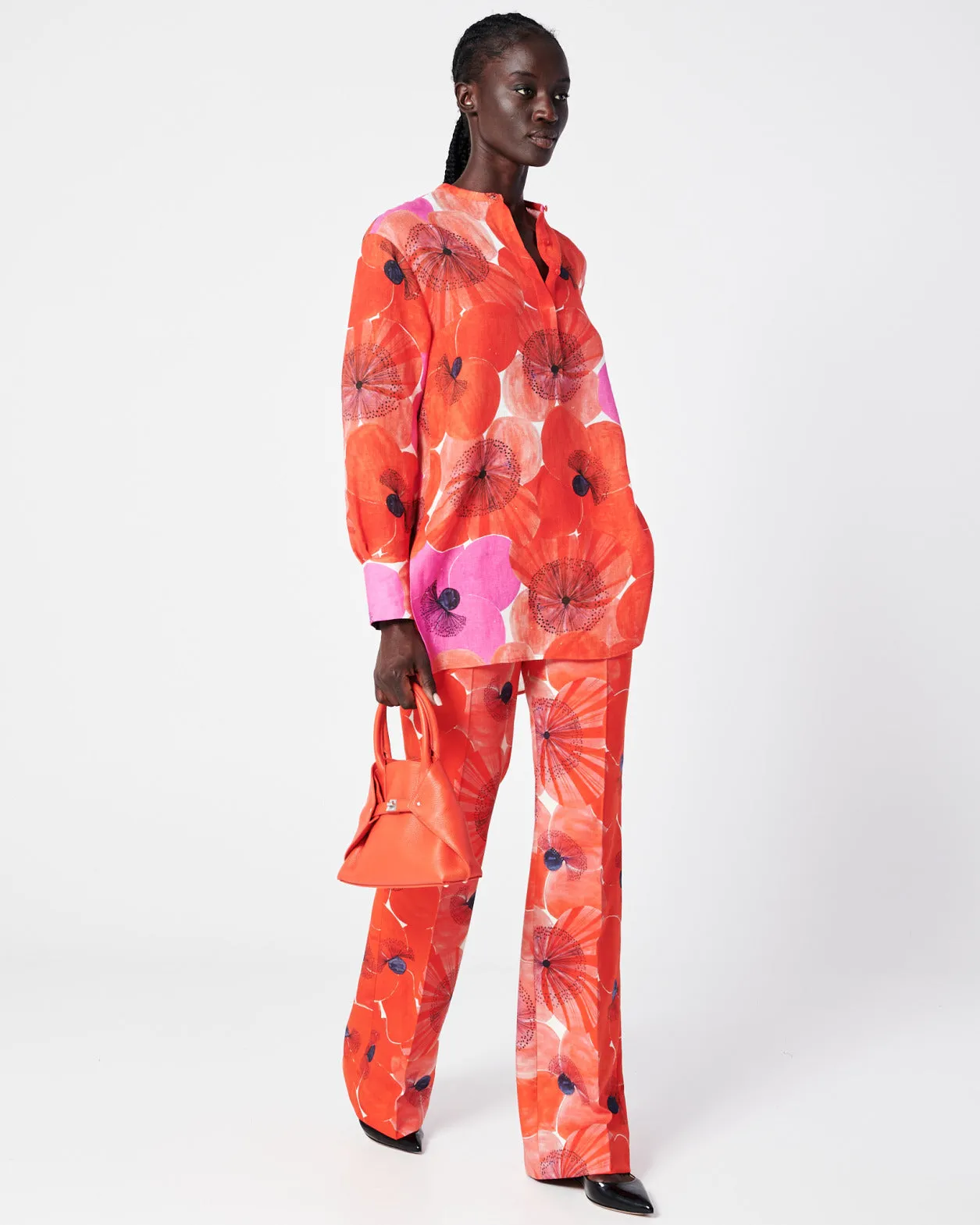 Oversize Linen Tunic Blouse with Poppy Print Akris