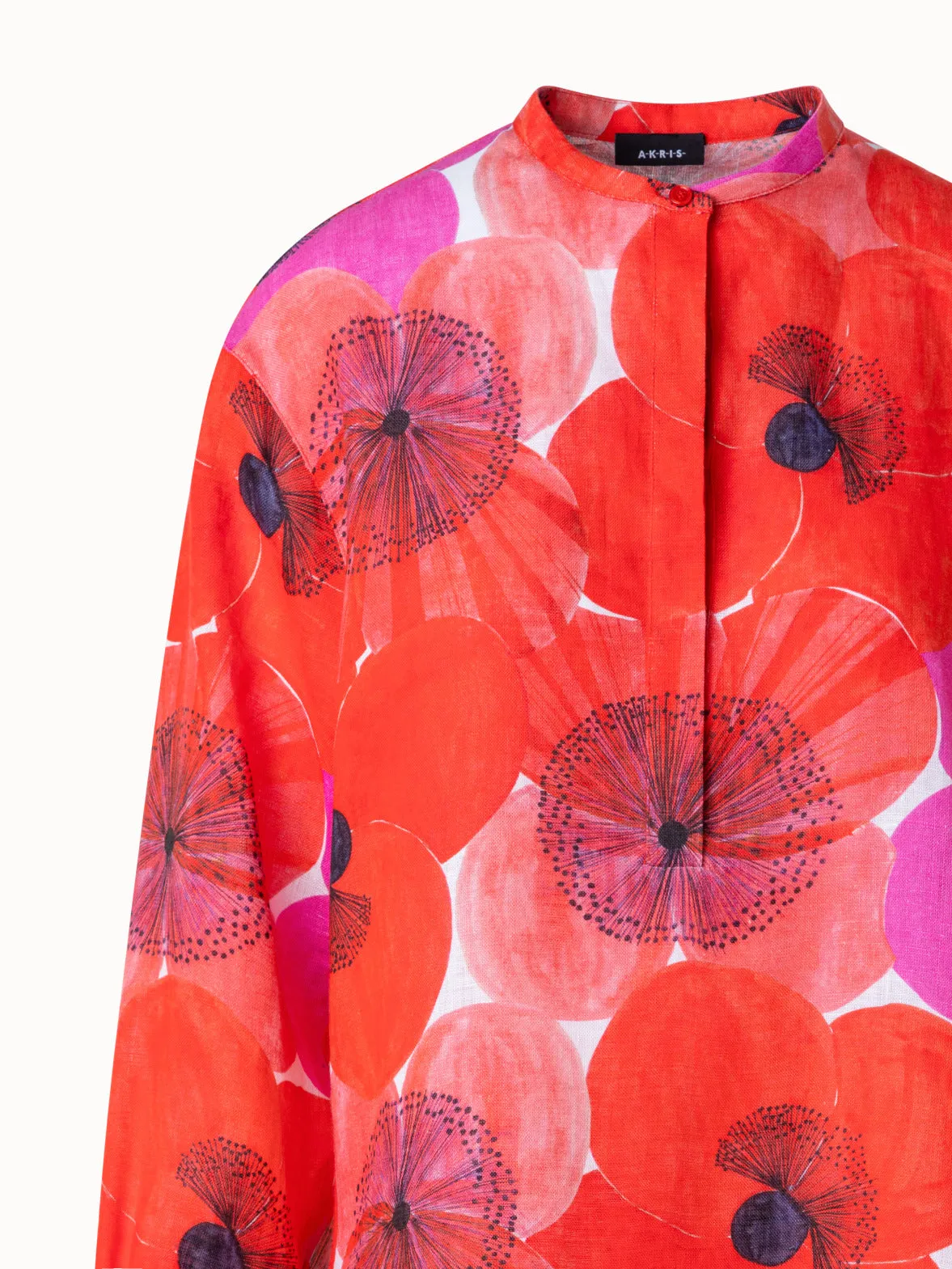Oversize Linen Tunic Blouse with Poppy Print Akris